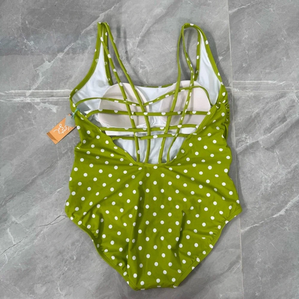 Women’s Kona Sol High Coverage One Piece Swimsuit Strappy Back Polka Dot Size XL
